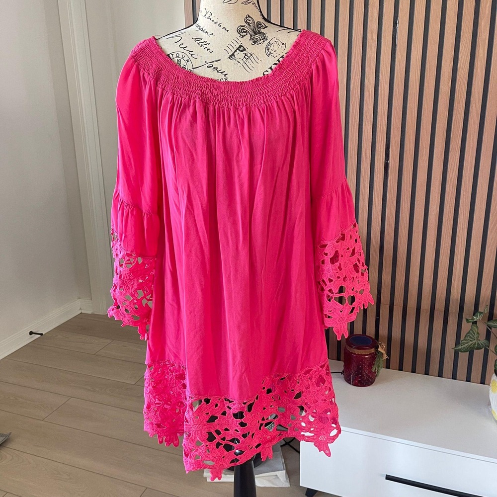 Southern Stitch Women's Pink Crochet Bell Sleeve Off Shoulder Mini Dress‎ XXL